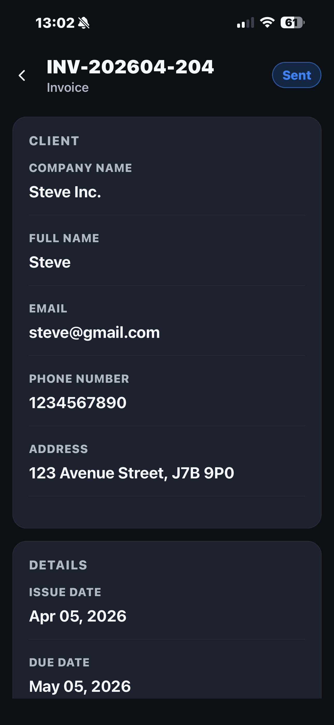 Invoice details on mobile